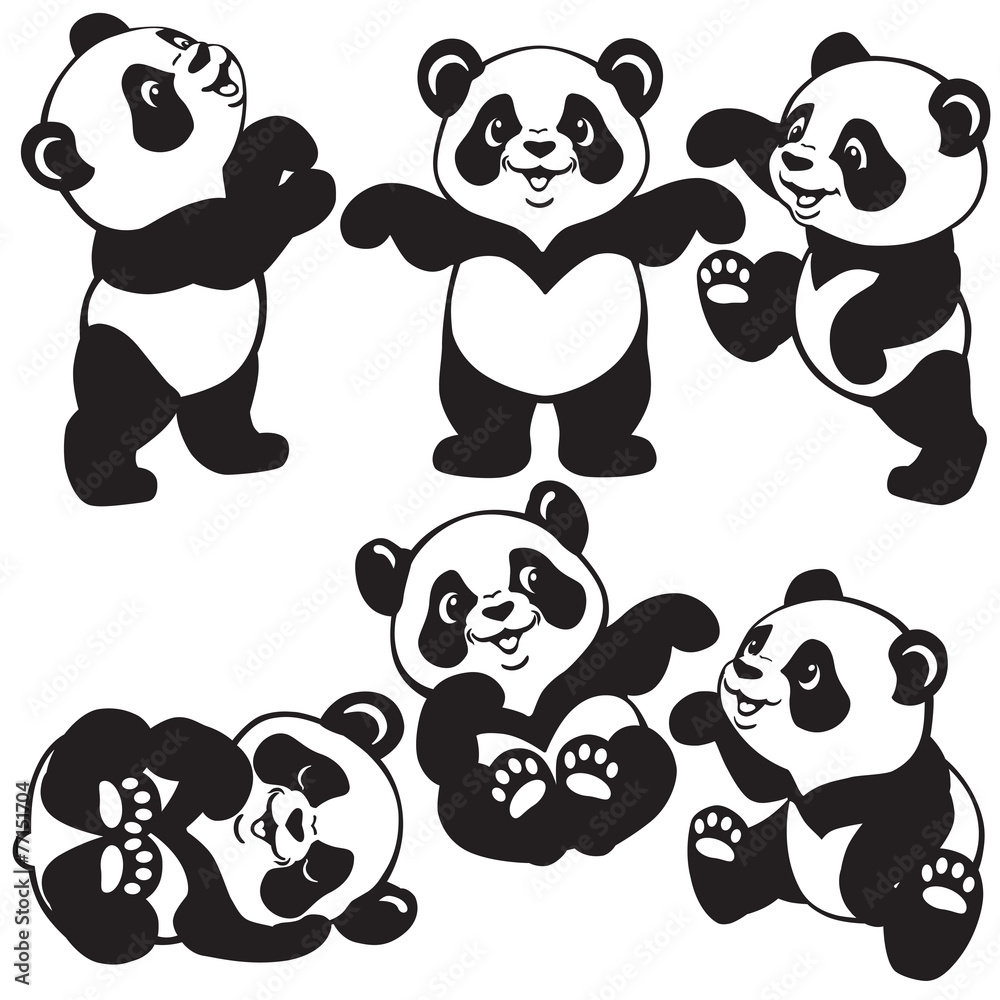 Naklejka premium czarno-biały zestaw z kreskówkową pandą