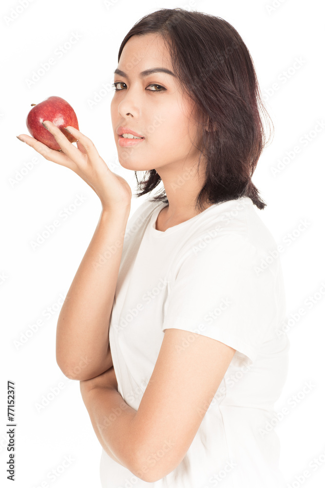 Smiling woman with apple isolated on white Smiling woman with apple isolated on white