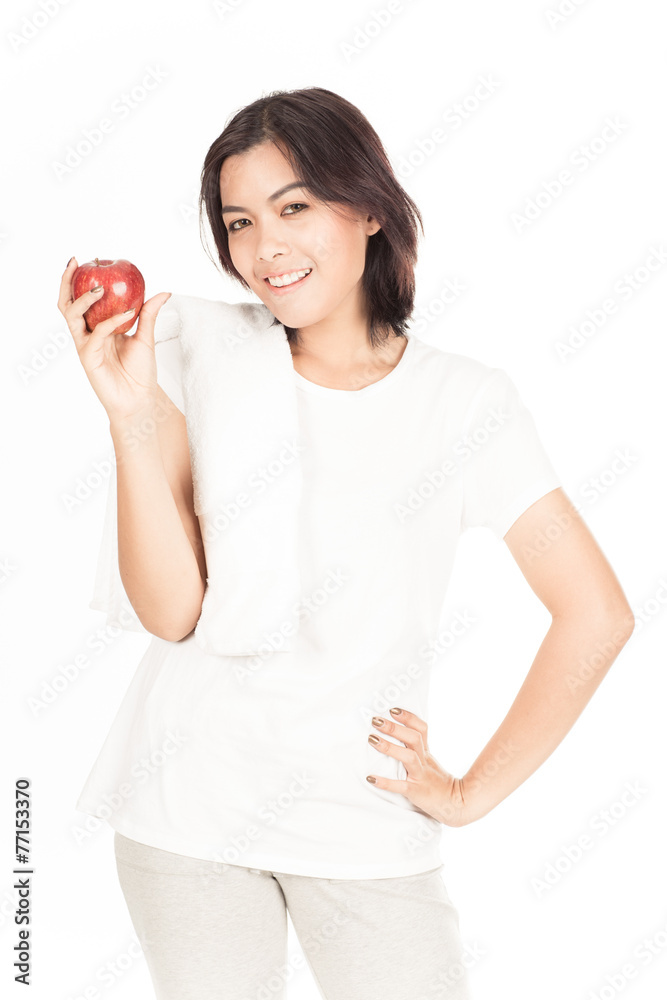 Smiling woman with apple isolated on white Smiling woman with apple isolated on white