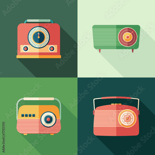 Set of vintage radios flat square icons with long shadows.