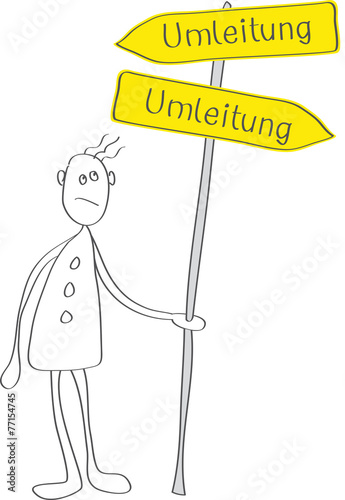 Verwirrter Mann mit Umleitungsschildern