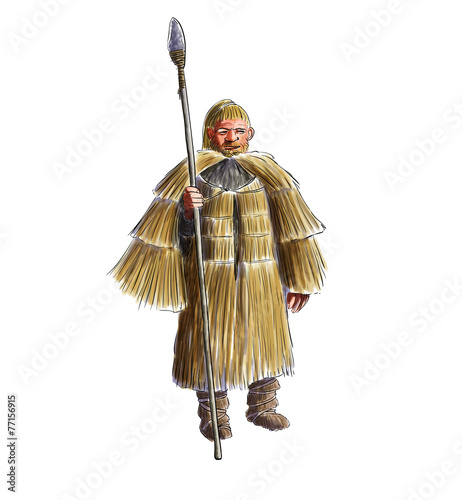 Canvastavla Prehistoric man with a straw rain coat