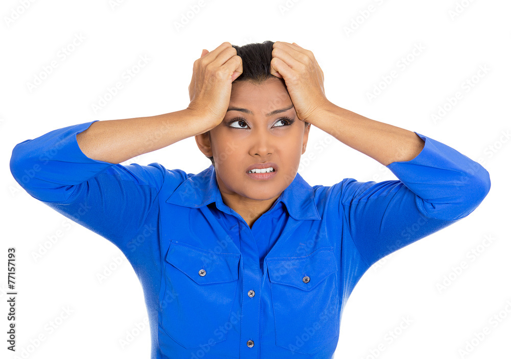 Headshot portrait young stressed woman Headshot portrait young stressed woman