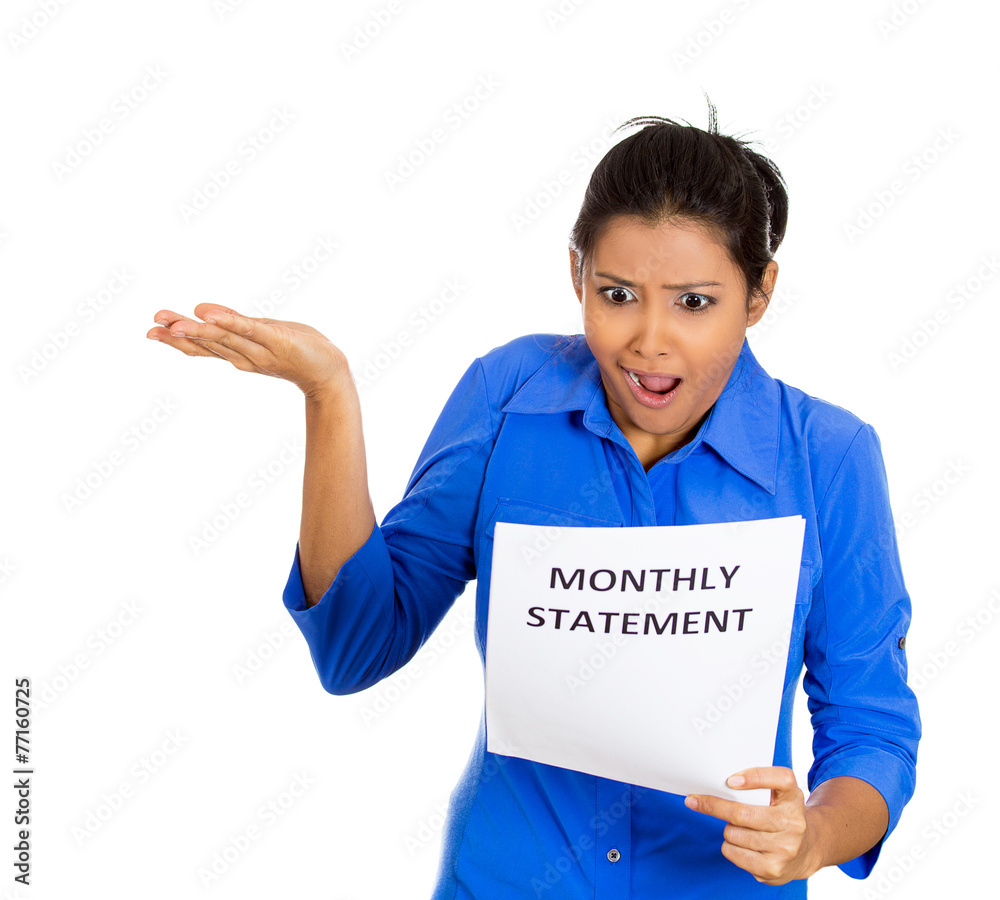 woman disgusted at monthly statement on white background woman disgusted at monthly statement on white background