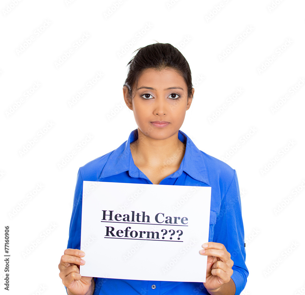 confused sad worker woman holding sign health care reform confused sad worker woman holding sign health care reform
