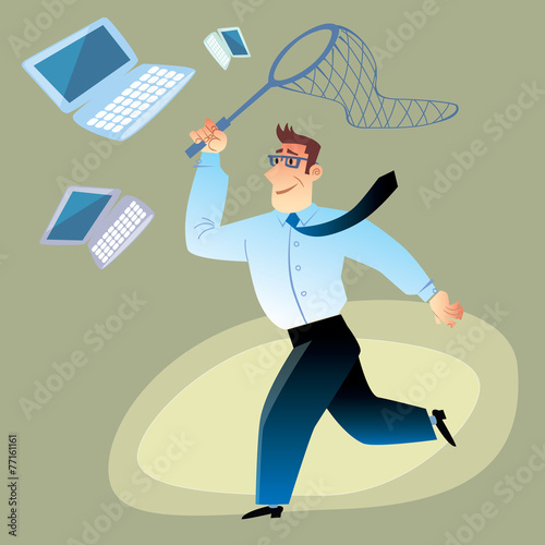 Businessman catches computers in the net for butterflies