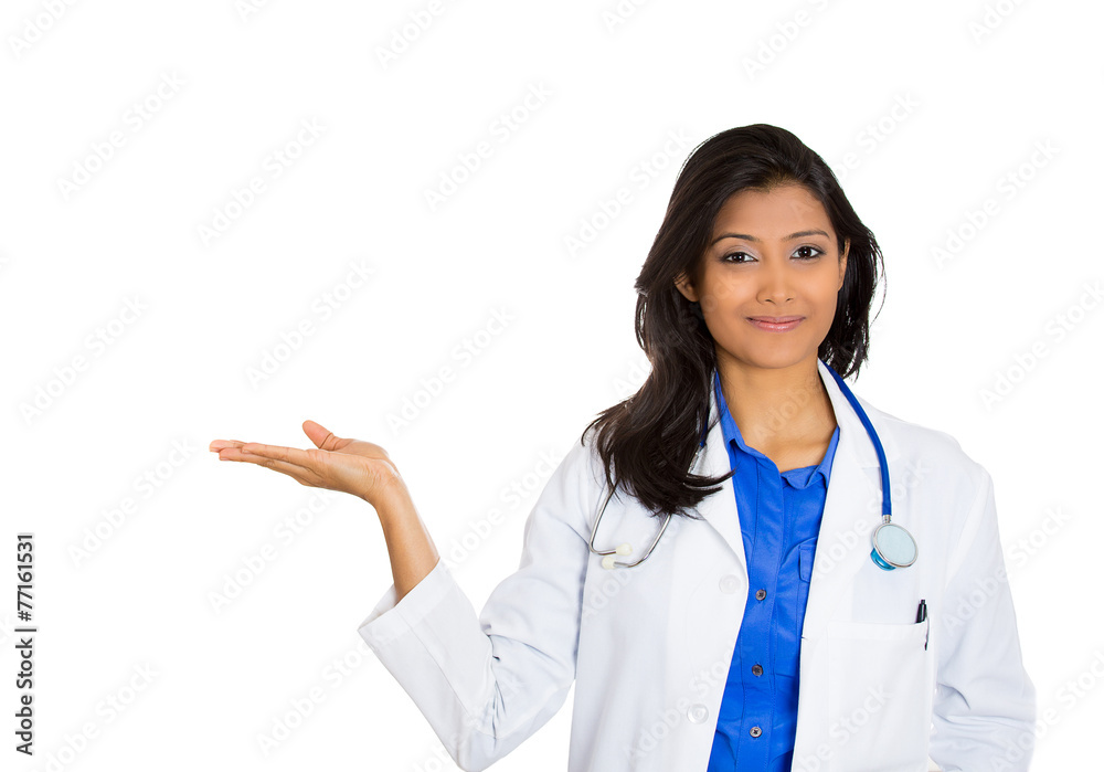 smiling confident female doctor presenting pointing copy space smiling confident female doctor presenting pointing copy space