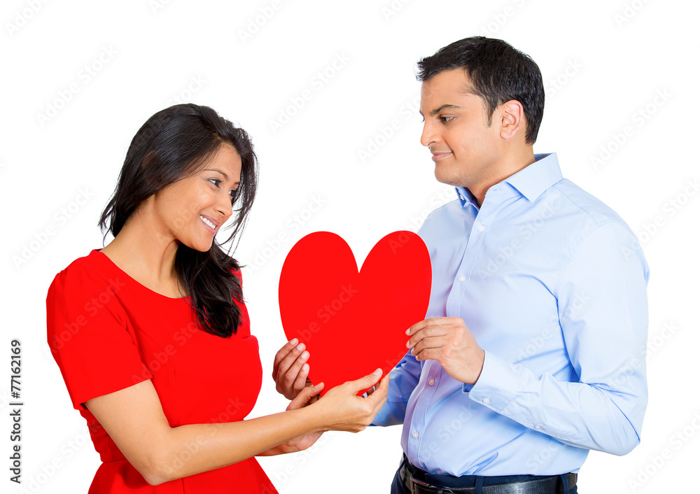 man happily giving red heart and kissing pretty beautiful woman man happily giving red heart and kissing pretty beautiful woman