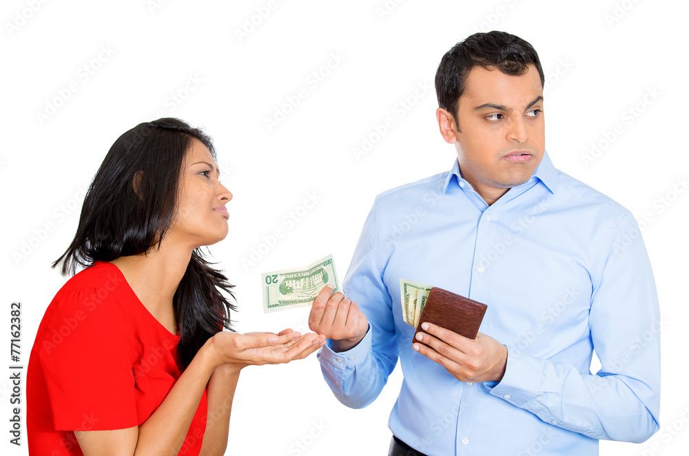 woman begging for money, but upset man is reluctant to give cash woman begging for money, but upset man is reluctant to give cash