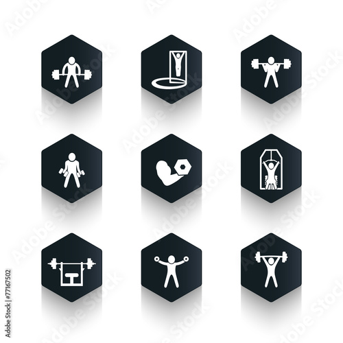 Exercises, trendy dark hexagonal icons, eps10