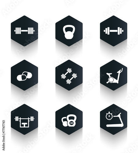 Gym trendy dark hexagonal icons vector illustration, eps10