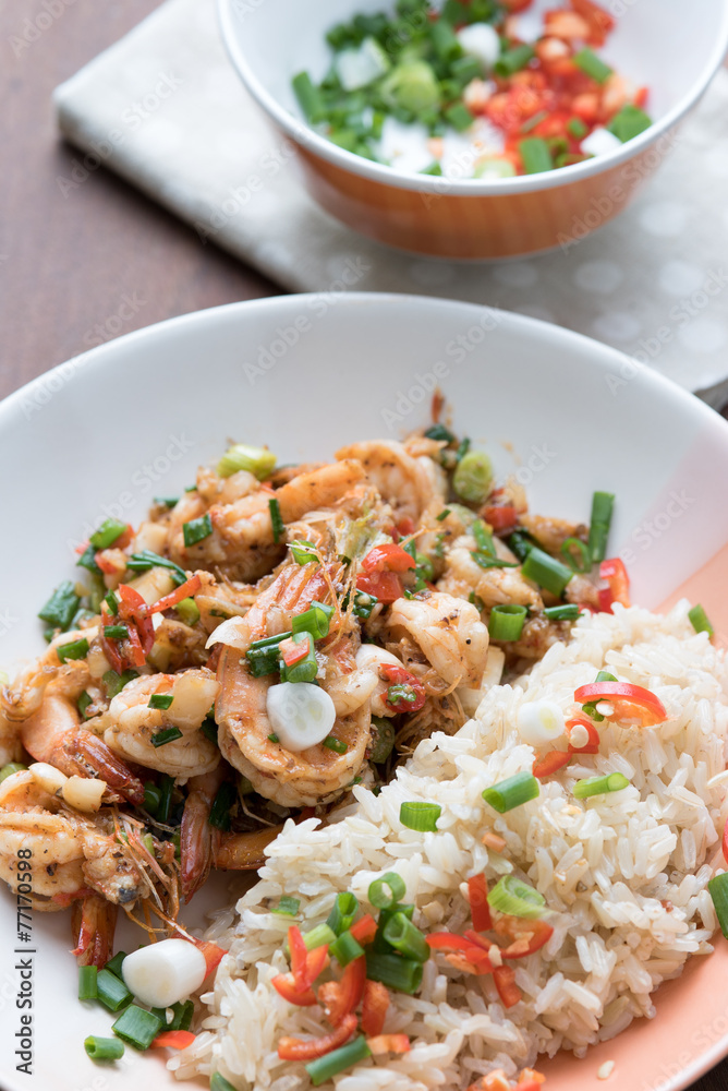 Prawns fried with chilies and green onions, Asian cuisine food Prawns fried with chilies and green onions, Asian cuisine food