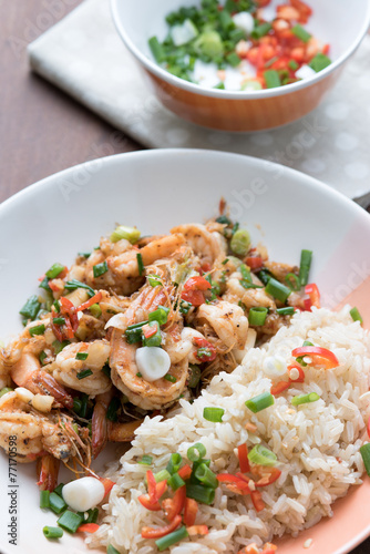 Prawns fried with chilies and green onions, Asian cuisine food