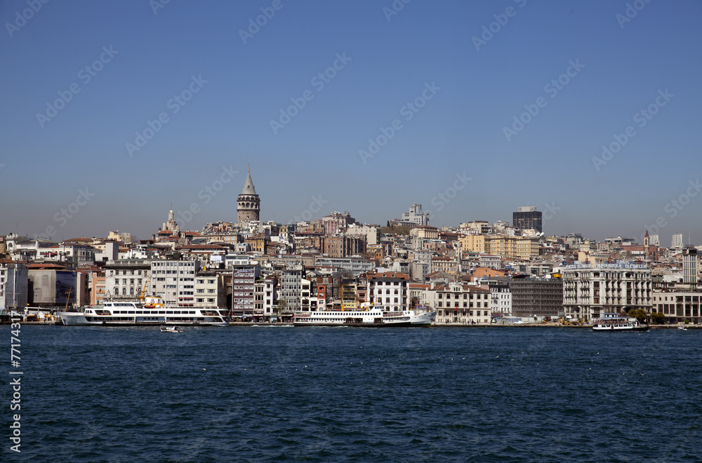 View from Istanbul with Galata Tower and the ferry