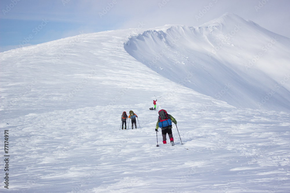 winter hiking in the mountains.