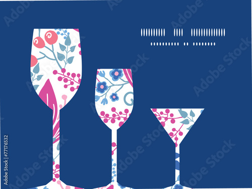 Vector pink flowers three wine glasses silhouettes pattern frame