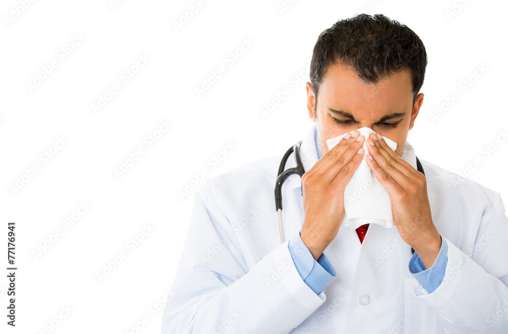 sick doctor, sneezing blowing his nose has cold allergy sick doctor, sneezing blowing his nose has cold allergy