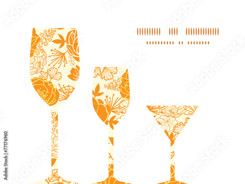 Vector golden art flowers three wine glasses silhouettes pattern