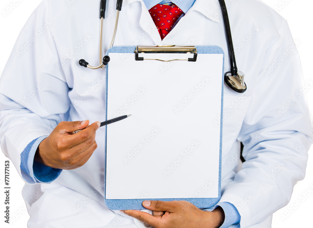 male doctor holding a blank clipboard pointing with pen male doctor holding a blank clipboard pointing with pen