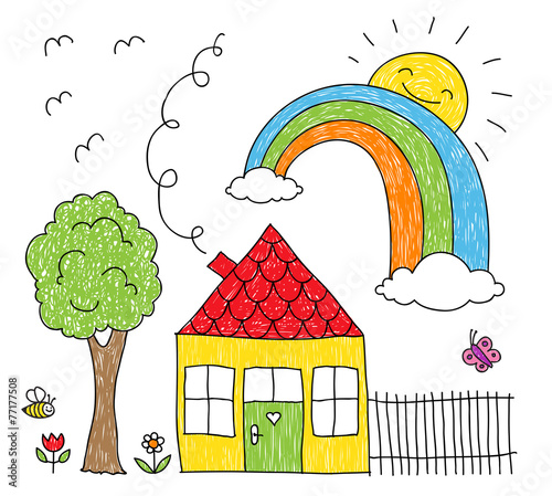 Kid's drawing of a house, rainbow and tree © zsooofija