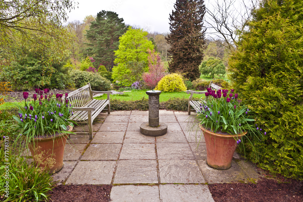 English flagged garden with terracotta planters in early spring.