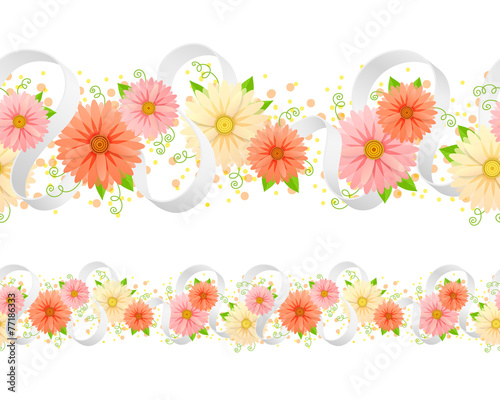 Seamless ornament with flowers and ribbon