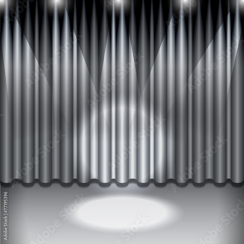 A theater stage with a gray curtain and a spotlight. Vector.
