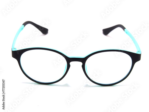 black and blue eye glasses on white background