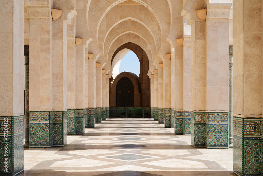 Morocco. Arcade of Hassan II Mosque in Casablanca - obrazy, fototapety, plakaty 
