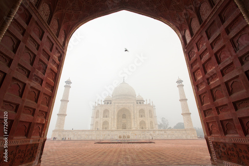 Framing of Taj Mahal mausoleum in a foggy morning