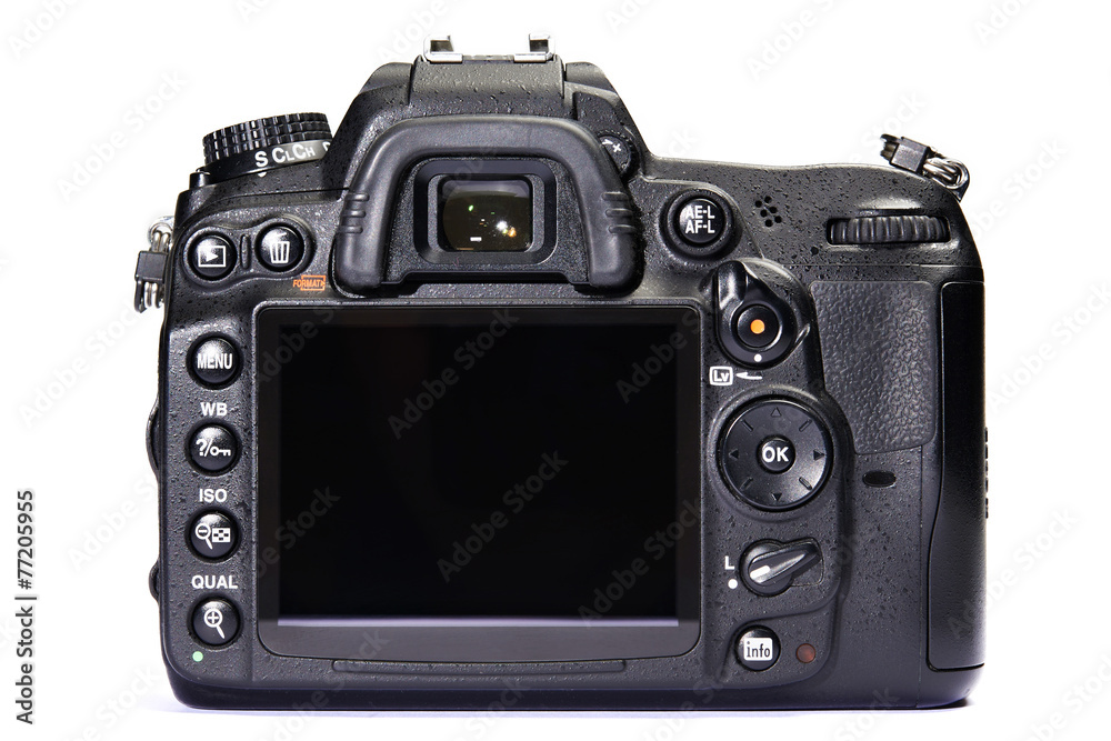 DSLR camera back view white isolated DSLR camera back view white isolated