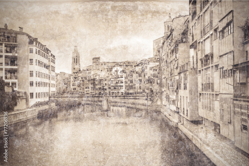 Jewish quarter in Girona. Spain. Picture in retro style. photo