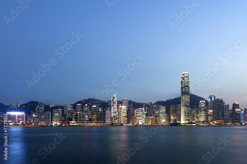 panoramic cityscape and skyline of hongkong harbor at night