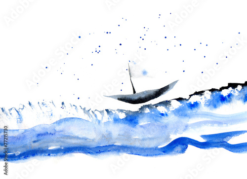 Ship running on the waves. Watercolor