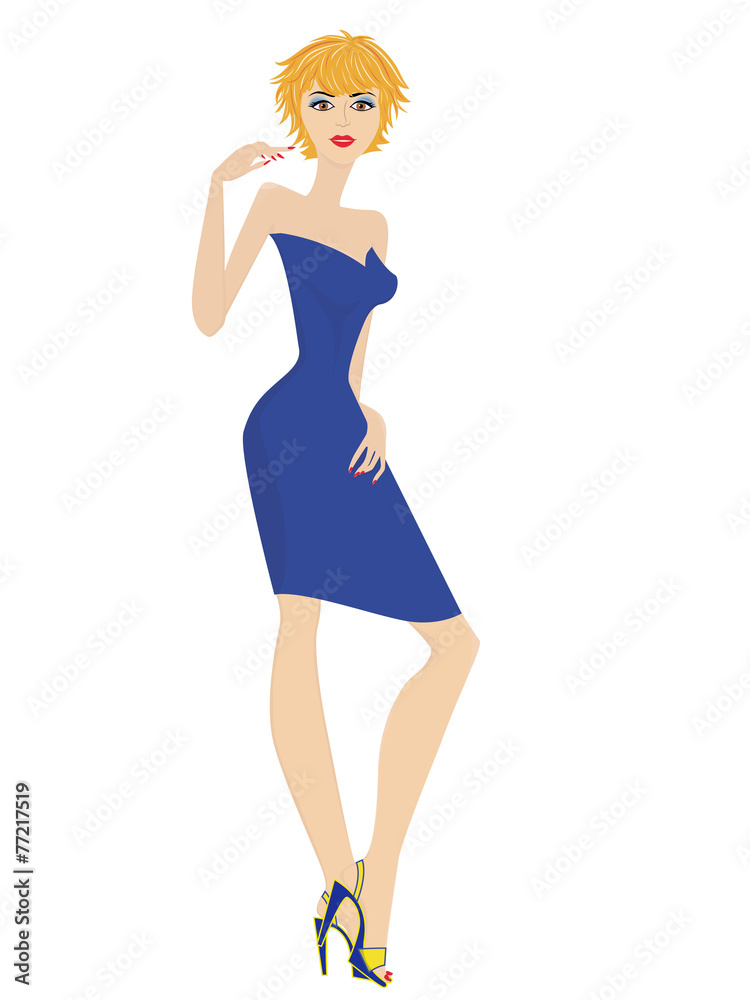 Fashionable women in short blue dress Fashionable women in short blue dress