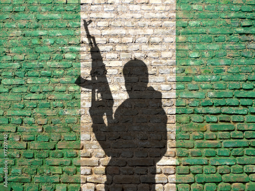Shadow of man on Nigeria flag painted brick wall - obrazy, fototapety, plakaty 