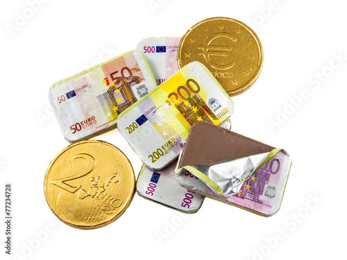 Coins and banknotes made of chocolate photo