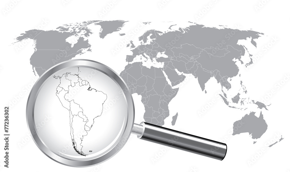 World Map South America Wired Continent with Magnifier Glass World Map South America Wired Continent with Magnifier Glass