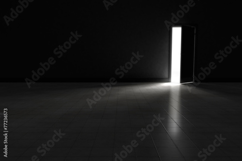Open door to dark room with bright light shining in. Background