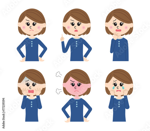 A set of six pose variations of unhappy young woman