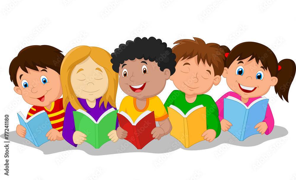 Happy children lying on the floor while reading books Happy children lying on the floor while reading books