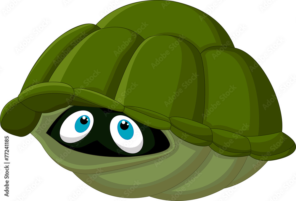 Fototapeta premium Cartoon turtle hides in its shell