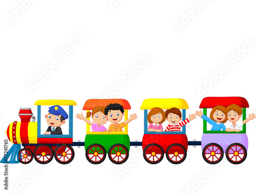 Happy kids on a colorful train