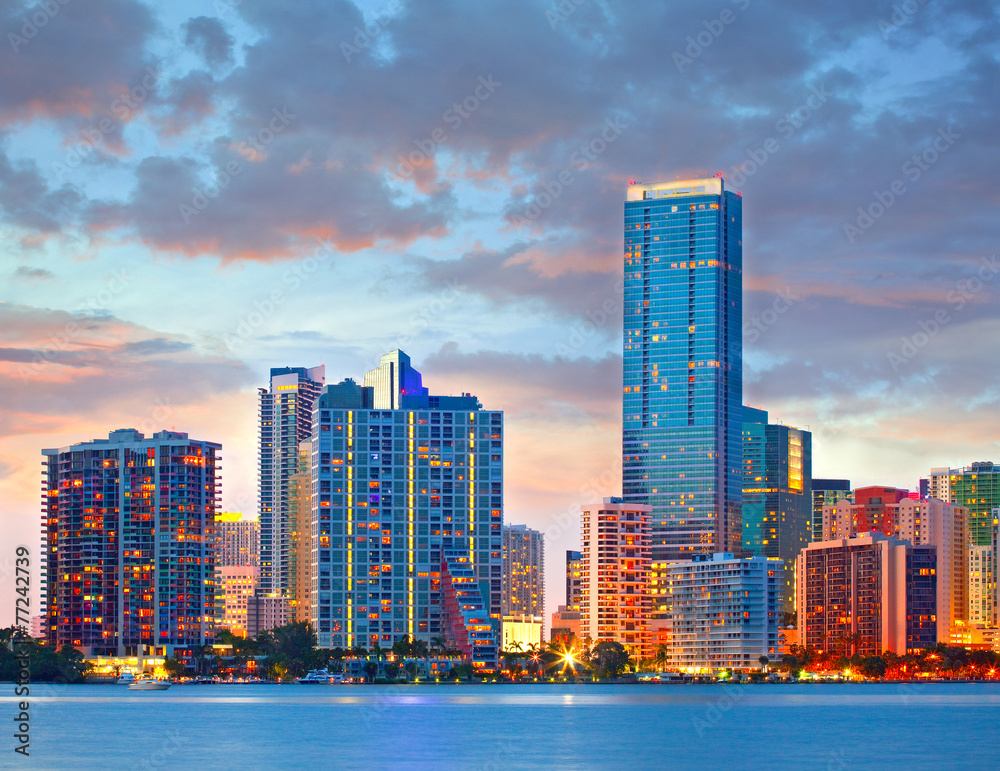 Miami Florida USA, sunset or sunrise over the city skyline of