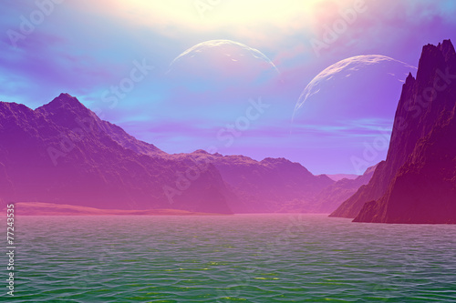 3D rendered fantasy alien planet. Rocks and  moon © Pavel Parmenov