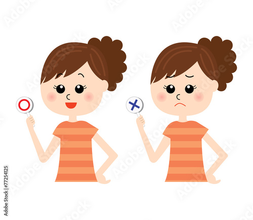 Two pose variations of young woman with yes and no signs