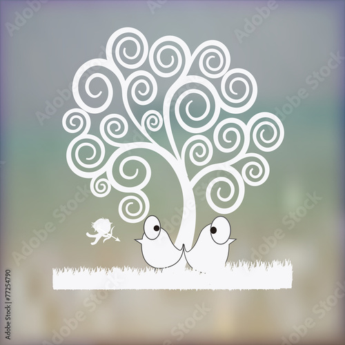 birds upset under a tree and cupid  over blur background