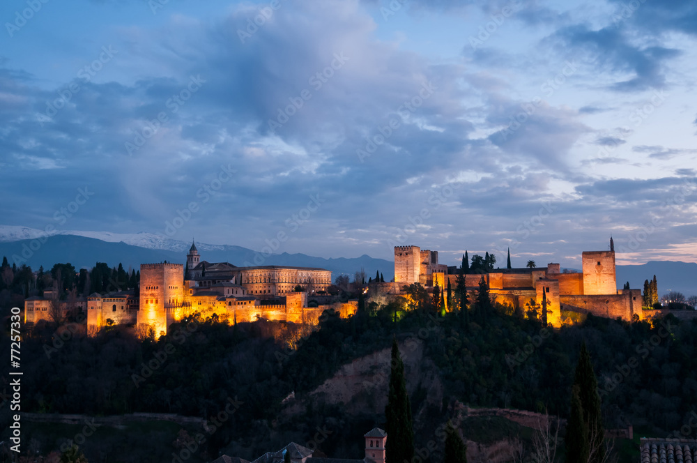 Evening view of ancient arabic fortress of Alhambra, Spain