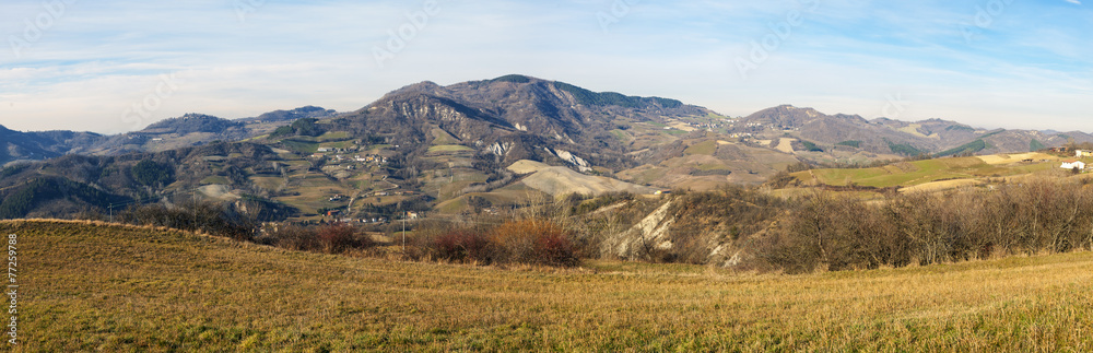 Naklejka premium Oltrepo Pavese, wide-angle winter panorama. Color image