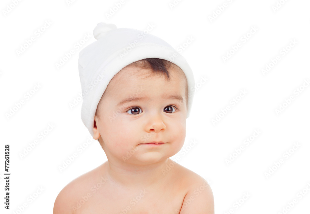 Cute baby in diaper with cap Cute baby in diaper with cap